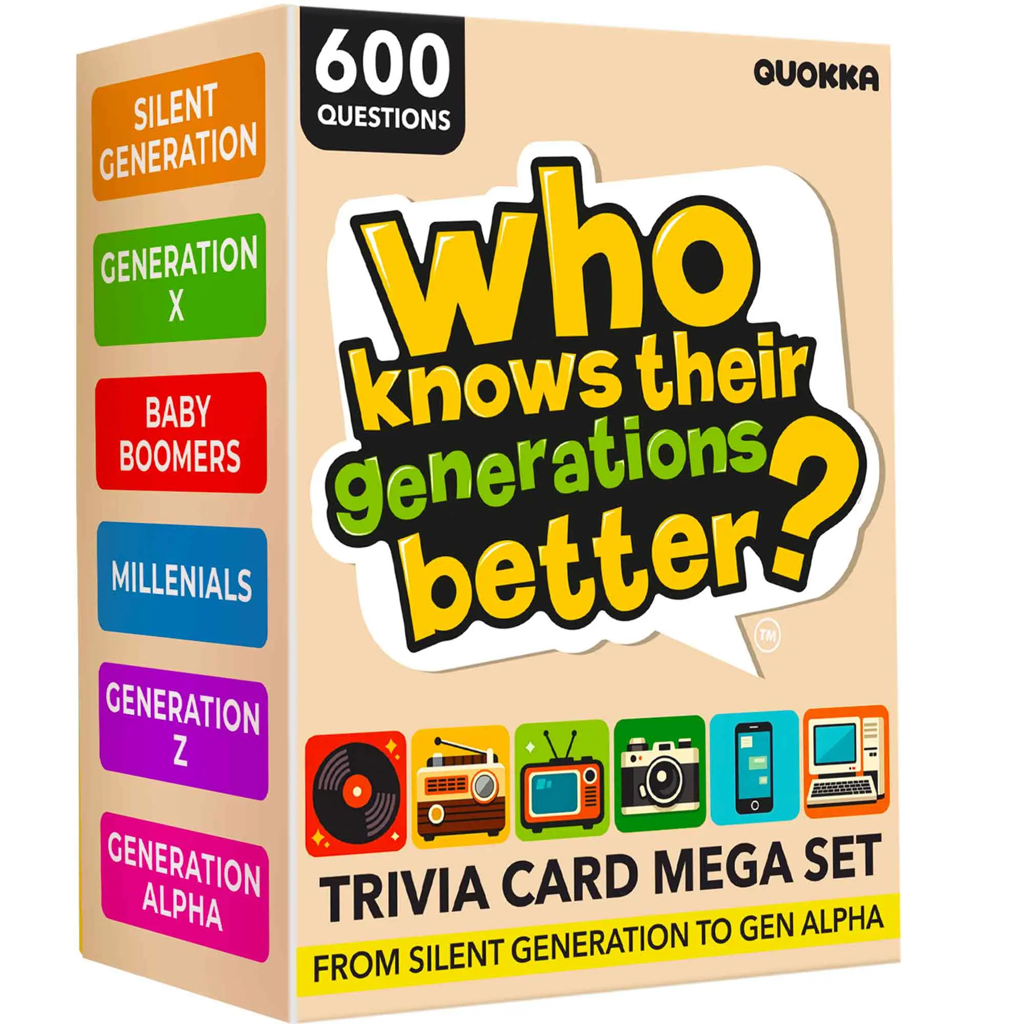 QUOKKA Themed Generations Challenge Card Game Set - 300 Trivia Cards (600 Questions) for Teens, Families & Travel Use, Card Games For Teens