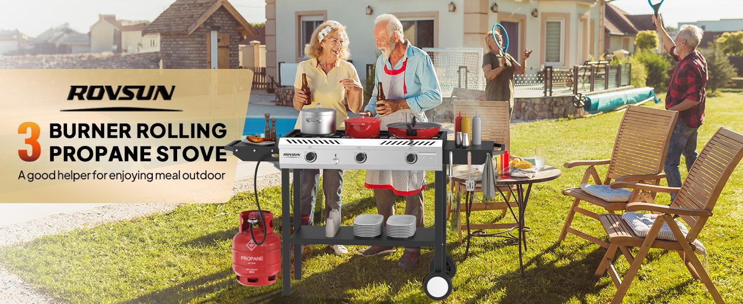 ROVSUN 2/3 Burner Outdoor Propane Gas Stove with Auto-ignition, Regulator & Side Shelves, 150,000/225,000 BTU Powerful Stand Cooker for Backyard Patio Cooking Home Brewing Canning Turkey Frying SpringStatements ROVSUN 2/3 Burner Outdoor Propane Gas Stove with Auto-ignition, Regulator & Side Shelves, 150,000/225,000 BTU Powerful Stand Cooker for Backyard Patio Cooking Home Brewing Canning Turkey Frying SpringStatements