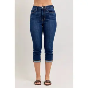 Judy Blue High Waist Capri Skinny Jeans with Single Cuff 72123, Stretchy Cotton Denim Womenswear Bottom, Chic Trendy, Curvy, Petite