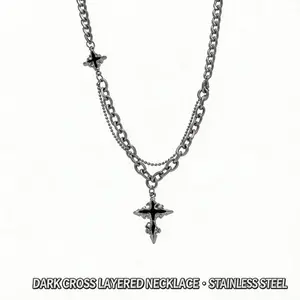 Y2K Grunge Double Layered Black Cross Necklace | Waterproof & Tarnish-Free Titanium Steel Pendant | Edgy Streetwear Jewelry for Men & Women | Aesthetic Punk Clavicle Chain | Minimalist Spiritual Gift