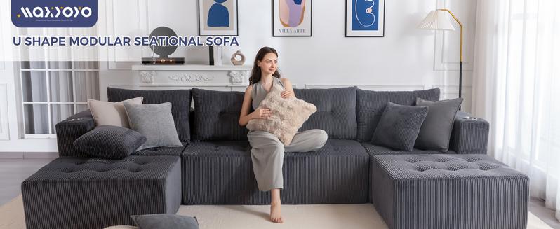 MAXYOYO Modular Sectional Sofa Couch, U Shaped Modern Cloud Couch with 2 Ottomans, Sofa in A Box, Tufted 6-Seat Boneless Sleeper Chair for Living Room, No Assembly Required