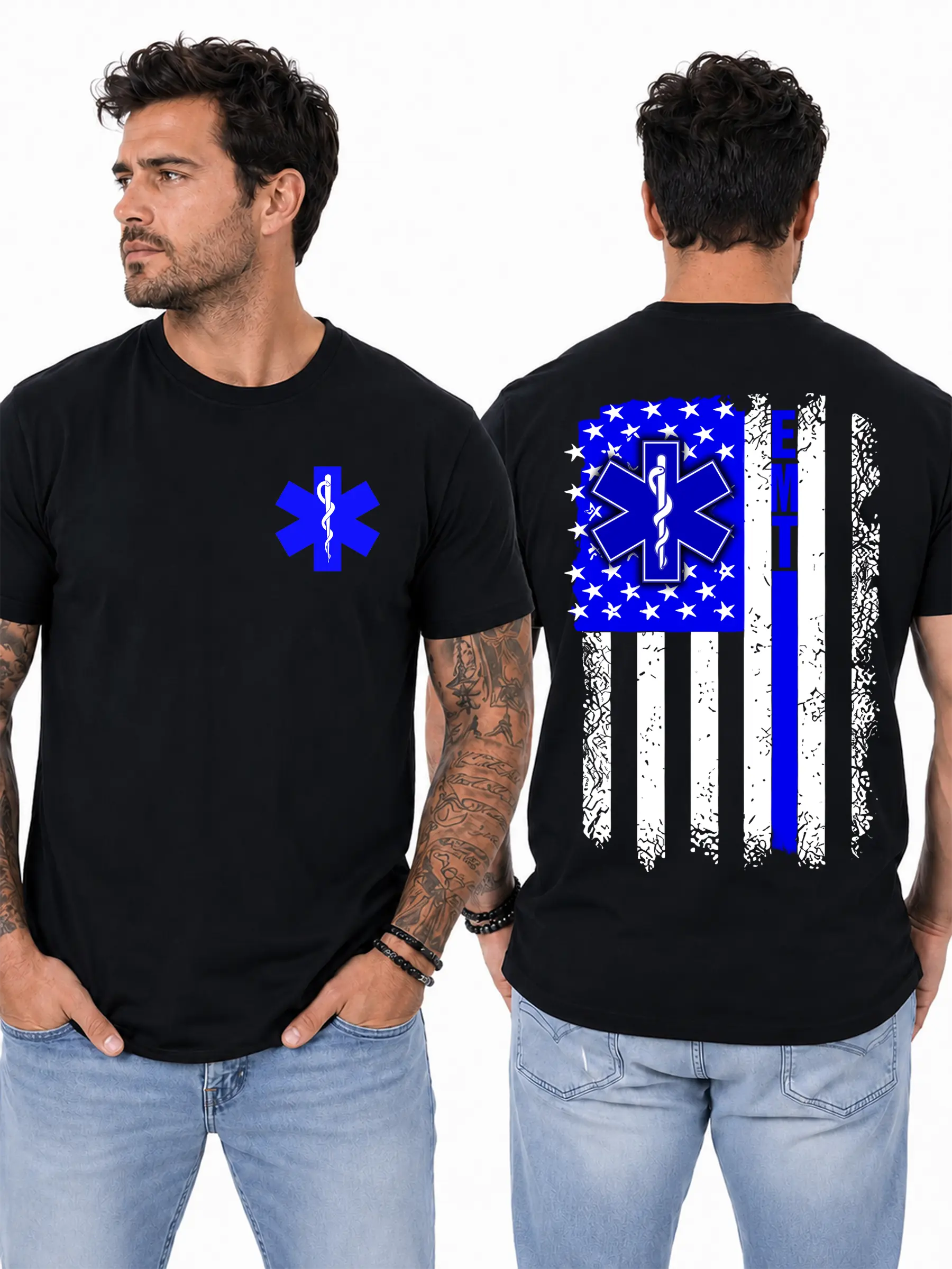 Women's Short-Sleeve Cotton Casual Classic T-Shirt, Thin Blue Line American Flag Star of Life Graphic, First Responder Gift for EMS Workers, Shortsleeve, Fabric