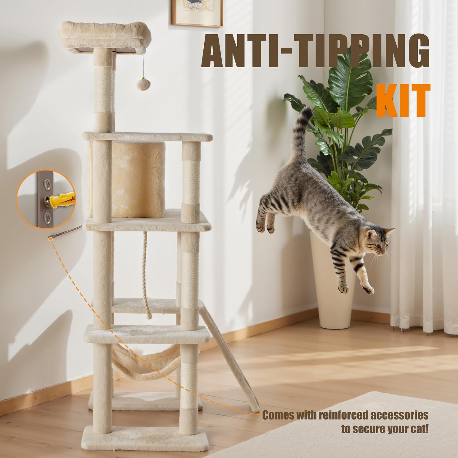 63 Inch Cat Climbing Tower, Multi-Level Cat Tree with Condo, Hammock, Extended Platform & Natural Sisal Scratching Posts, Indoor Play House for Cats and Kittens