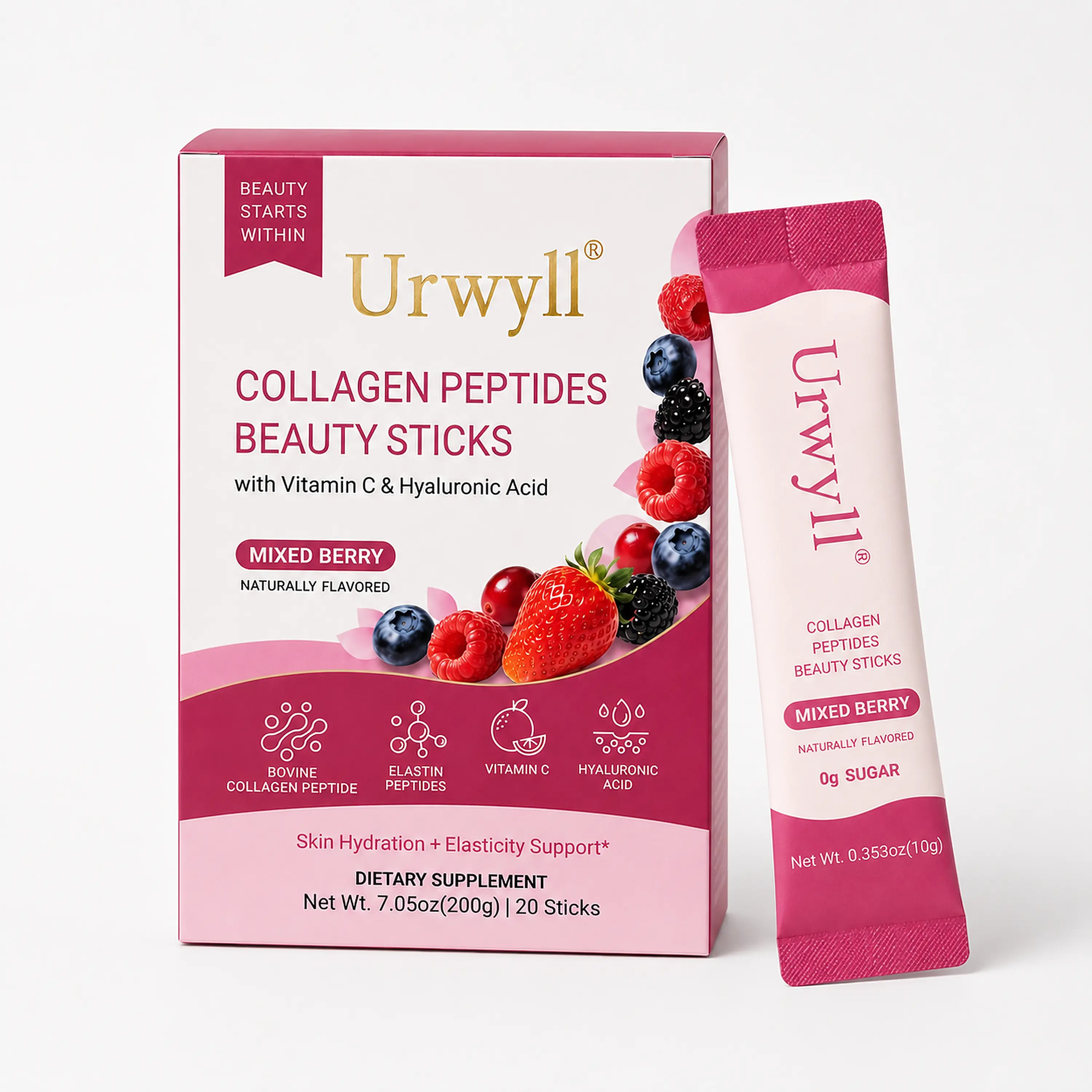 Urwyll Collagen Peptides Beauty Sticks, 7g Hydrolyzed Bovine Collagen Peptides with Vitamin C, Hyaluronic Acid & GABA, Low Sugar Mixed Berry Drink Mix Packets, Skin Hydration, Hair & Nail Strength Support, Elasticity & Glow, Dietary Supplement, 20 Sticks