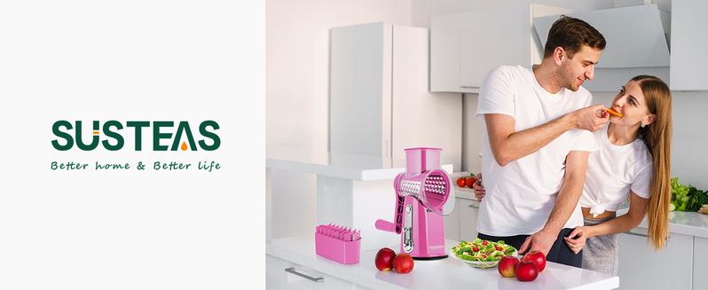 SUSTEAS Rotary Cheese Grater with 5 Replacement Blades, Strong Suction Cup Base, BPA Free, Compact Design for Easy Cleaning, Kitchen Utensils Pink Red