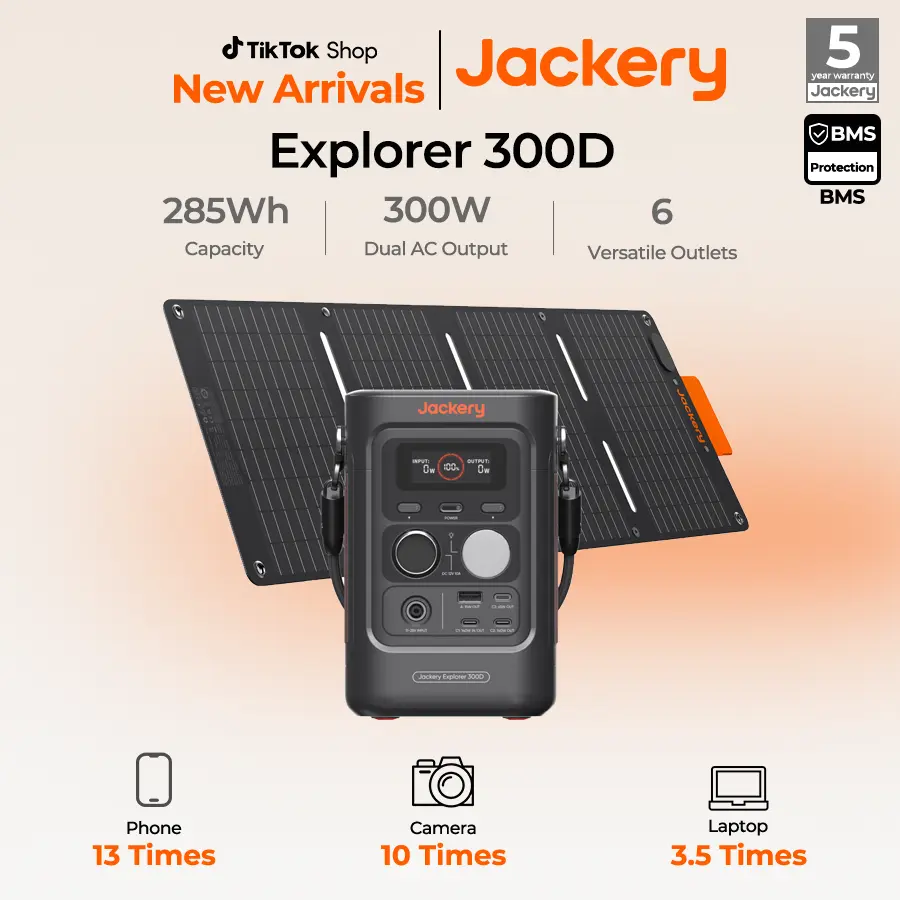 Jackery Explorer 300D Portable Power Station With 40W Solar Panel , 285Wh LiFePO4 Battery , 300W Output with Multi-Device Charging, Fast Recharge, Compact Power Solution for Outdoor & Emergency Use