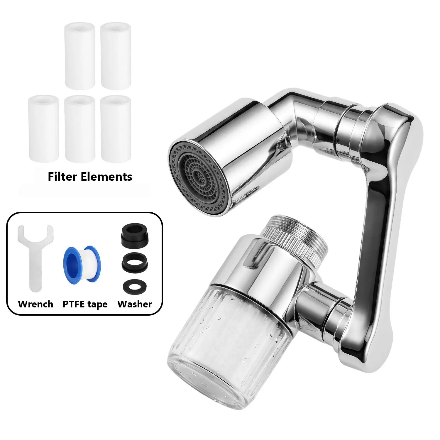 1440 Degree Swivel Faucet Aerator Filter Attachment, 3D Rotating Sink Extender with Soft Water Flow & Anti-Splash Design, Includes 5 Filter Cartridges, Universal Kitchen Bathroom Sink Accessory