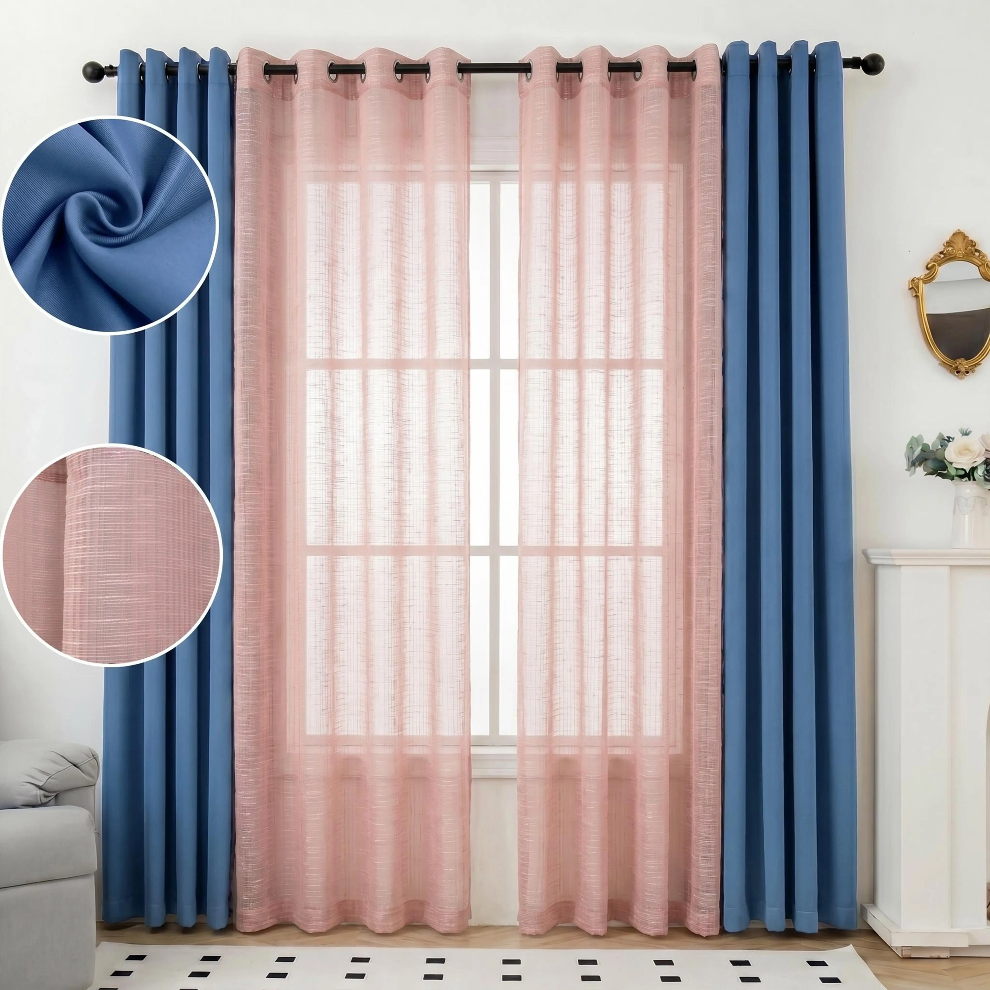 8 PANELS 52"X95"  Grommets Curtains Combo,. 4 Panels Solid Blackout Curtains & 2 Panels Bamboo texture Yarn Semi Shher  Curtains. Room Darkening Curtain Panels for Bedroom Living Room   FT2599 L12