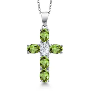 925 Sterling Silver Green Peridot and White Moissanite Cross Pendant Necklace for Women | 3.00 Cttw | Gemstone August Birthstone | Oval 6X4MM | With 18 Inch Chain