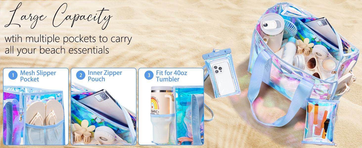 Bagstellar Beach Bag for Women Clear Iridescent Zipper Pool Swim Beach PVC Tote Bag w/Makeup Bag & Waterproof Phone Pouch Summer Essentials for Sports Events Concert Beach Work Swimming pool Easter Basket Organiser
