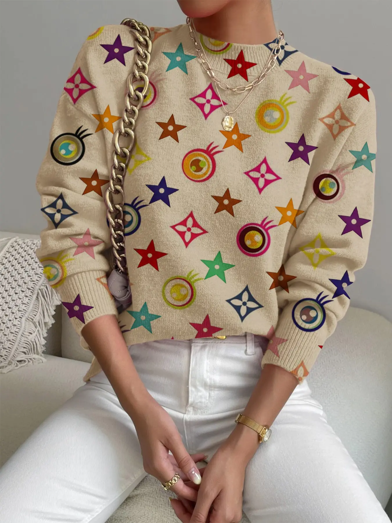 Women's Geometric Pattern Stand Collar Fitted Sweater Fall Winter Pullover, Fall Winter Casual Long Sleeve Knitwear, Comfortable Warm Daily Wear Womenswear