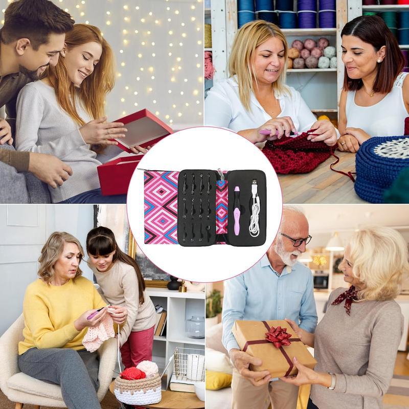 Ultimate Glow Crochet Kit: 11 Interchangeable Light-Up Hooks, Rechargeable & Portable Ergonomic Handle for Comfort, Includes Case for Easy Storage