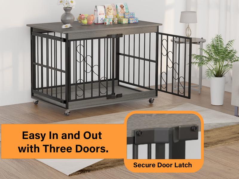 【TreasureFinds】COZPAW  Dog Crate Furniture 48 Inch Wooden Heavy Duty Dog Kennel with Lockable Wheels for Medium/Large Dogs, Three Doors Cage   (Brown)