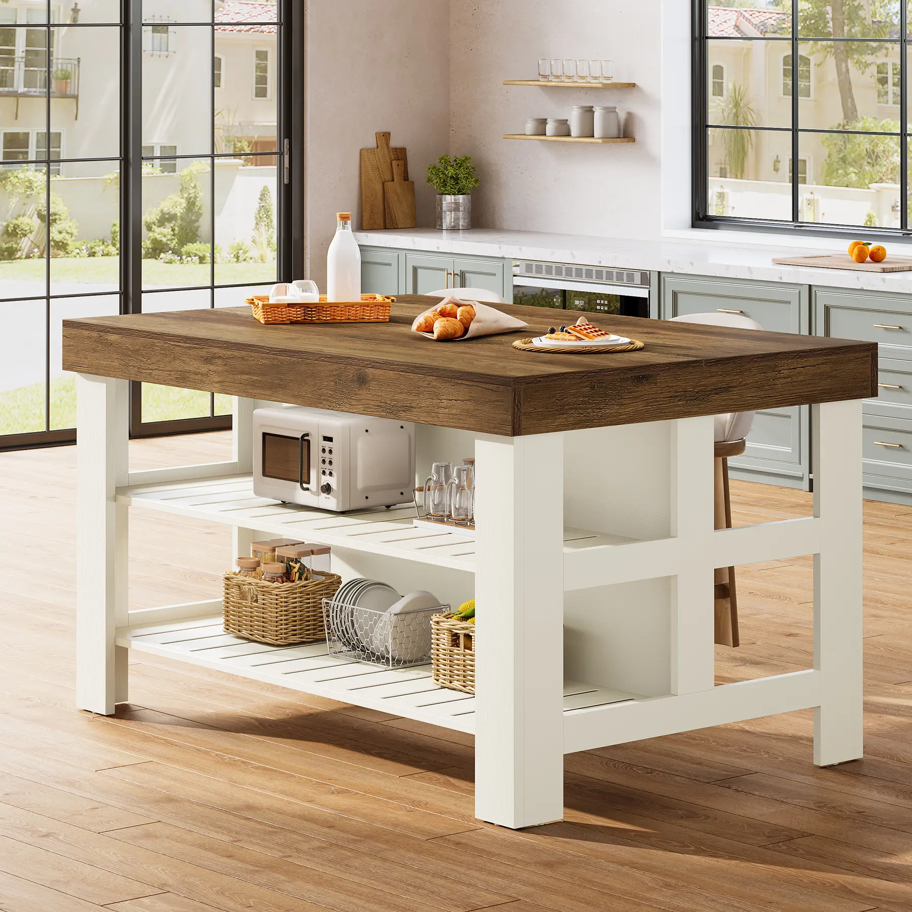 Tribesigns Light Brown Kitchen Island With 3 Shelves, Farmhouse Style, 55 Inches Wide, Easy to Assemble