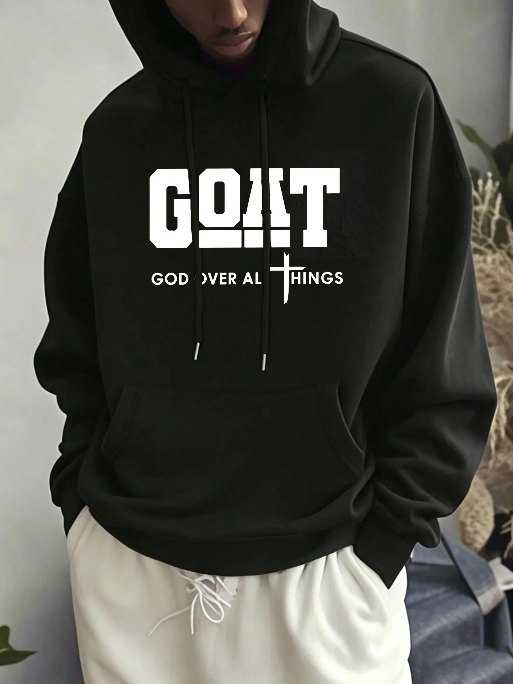 GOAT Thick-Knit Hooded Sweatshirt with Large Cross Print, "GOD OVER ALL THINGS" minimalist motivational lettering, unisex oversized hoodie