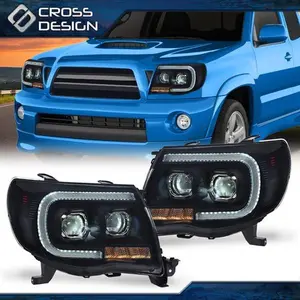 CROSSDESIGN Fit For 2005-2011 Toyota Tacoma Smoked LED Tube Dual Projector Headlights Lamps