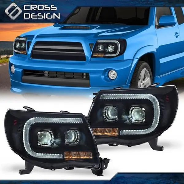 CROSSDESIGN Headlights Lamps Fit For 2005-2011 Toyota Tacoma Smoked LED Tube Dual Projector, Led Headlamp, Led Front Lights
