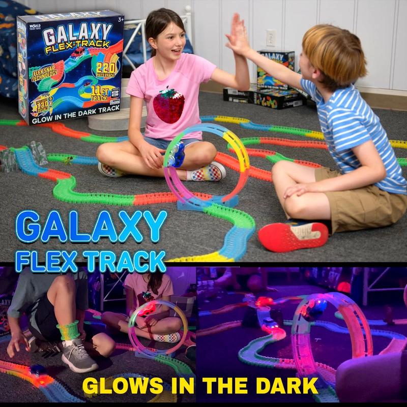 World Tech Toys Galaxy Flex Track 220 Piece Glow in The Dark & LED Light Up Car - Customizable Interchangeable Raceway for Kids 3+