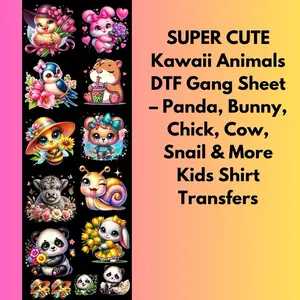 SUPER CUTE Kawaii Animals DTF Gang Sheet – Panda, Bunny, Chick, Cow, Snail & More Kids Shirt Transfers