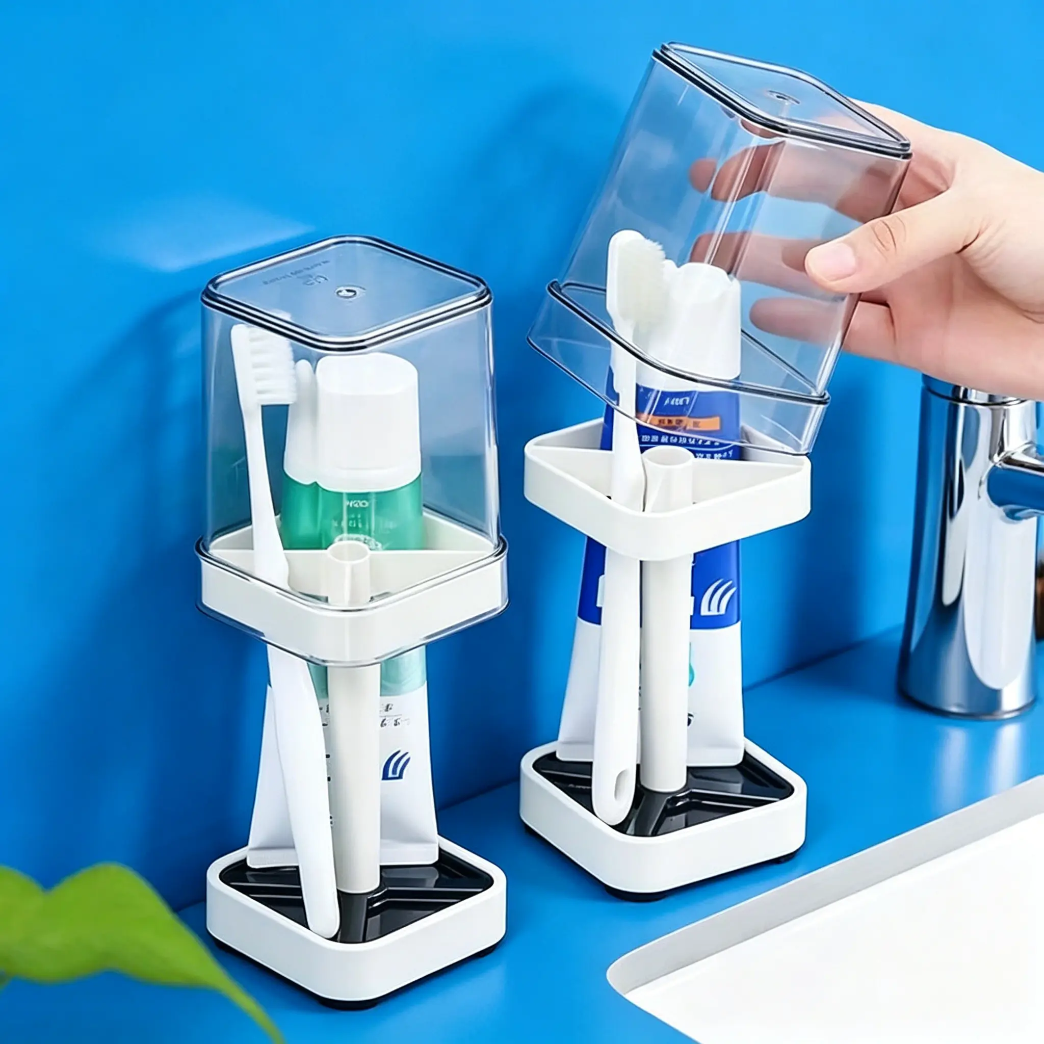 Multifunctional Dustproof Toothbrush Holder with Mouthwash Cup - Bathroom Organizer for Family Cover Transparent Drip Bottles