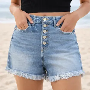 HIGH RISE RAW HEM BUTTON FLY DISTRESSED DENIM SHORTS