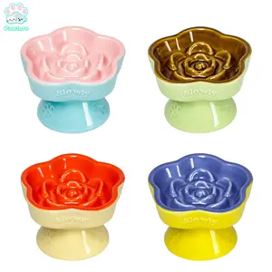 Ceramic Slow Feeder Cat Bowl, Raised Pet Bowl for Whisker Relief, Flower-Shaped Tilted Cat Bowl, Prevents Vomiting & Bloating, Non-Slip Base, Easy to Clean for Dry/Wet Food