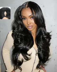 V Part Wig Human Hair Body Wave Upgrade U Part Human Hair Wigs with Drawstring Vpart Clip in No Leave Out Half Wig Glueless for Black Women Beginner Friendly 180% Density Natural Black