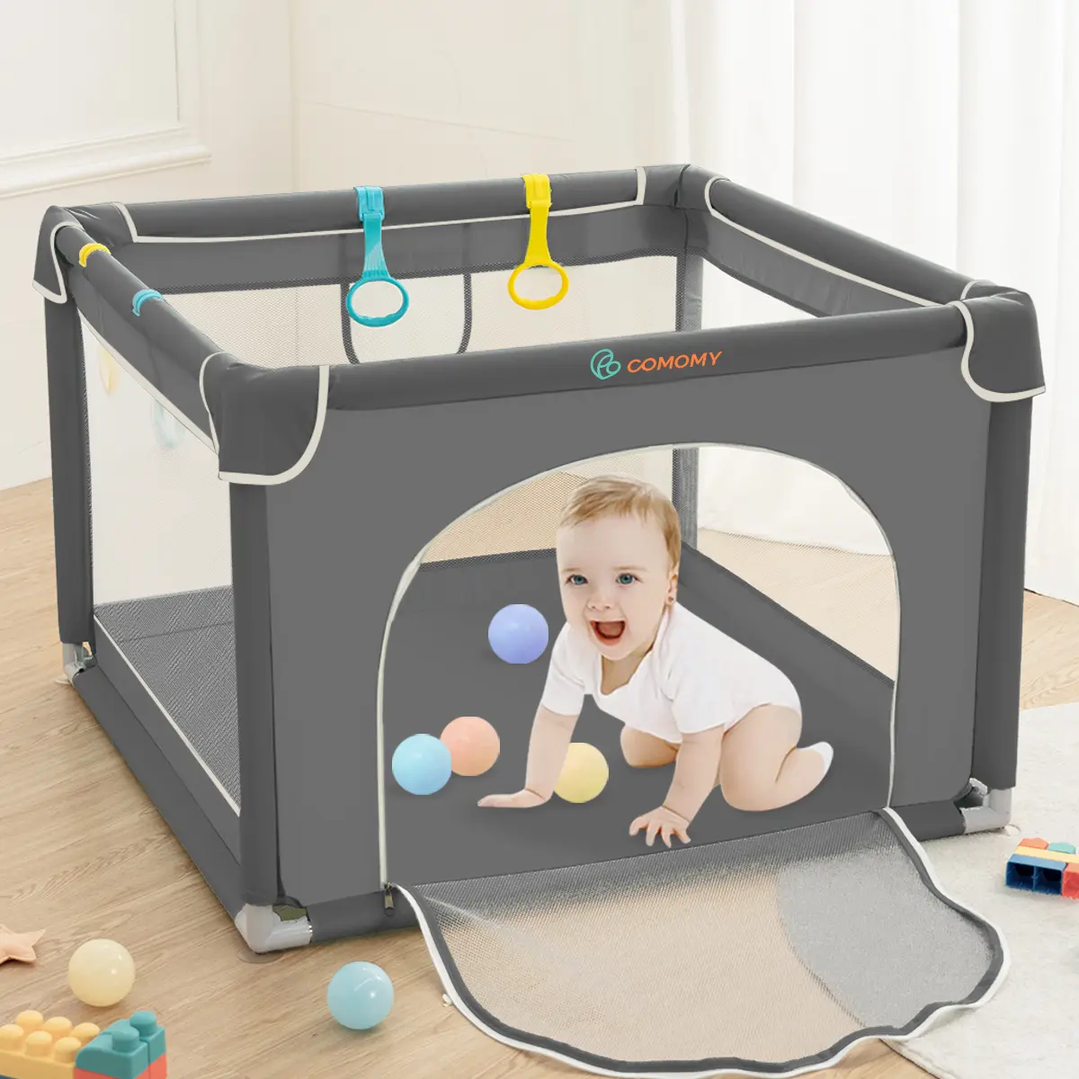 bioby Baby Playpen - Square Shape Nursery Center Playard, 36x36x26in Breathable Mesh Fabric, Sturdy Fence Keeps Play Calm and Safe, Portable Versatile Design, Indoor/Outdoor Activity Area for 12-18 Months, Holiday Gift