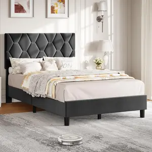 Grey Twin Bed Frame with Upholstered Headboard, Heavy-Duty Platform Bed Frame with Strong Wood Slats, No Box Spring Needed/Noise Free/Easy Assembly