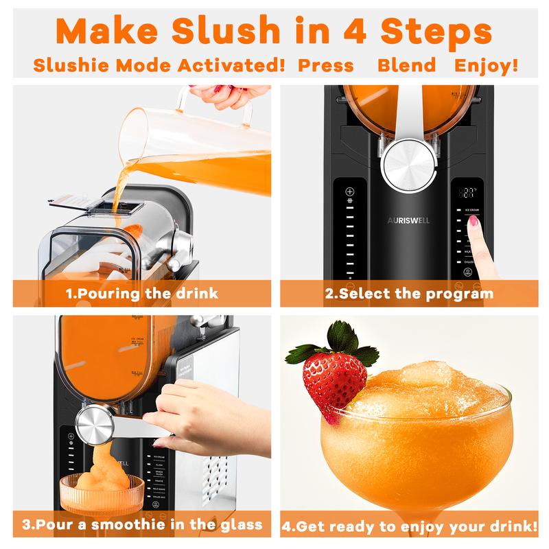 Slushie Machine 54oz Capacity With 6 Preset Settings: ICE CREAM, SLUSH, SPIKED SLUSH, Frappe, MILKSHAKE, AND CHILLED JUICE. Auto-Clean, Intelligent Interface With Digital Display And Stainless Steel