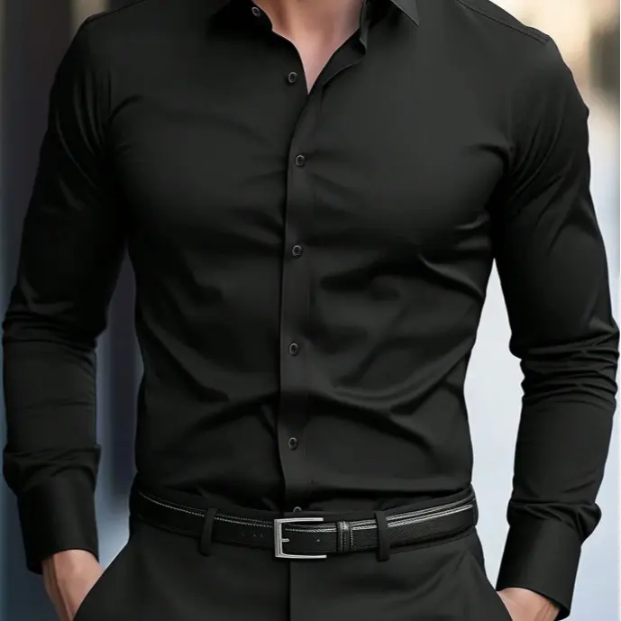 Men’s Slim-Fit Long-Cuff Sleeve Solid-Color Classic Dress Shirt - Menswear Business Clothing, Button-Front, Polished, Suitable for Work & Formal Occasions, Fashion Father’s Day Gift Option,sohochic