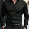 Men’s Slim-Fit Long-Cuff Sleeve Solid-Color Classic Dress Shirt - Menswear Business Clothing, Button-Front, Polished, Suitable for Work & Formal Occasions, Fashion Father’s Day Gift Option