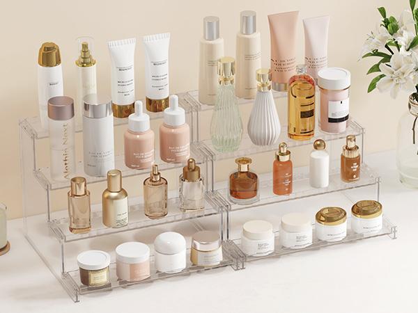 Lifewit 12 Inch 4 Tier White Display Stand with Decorative Fences for Cologne, Fragrance, Figures, Cupcakes & Perfumes - Versatile Storage for Vanity