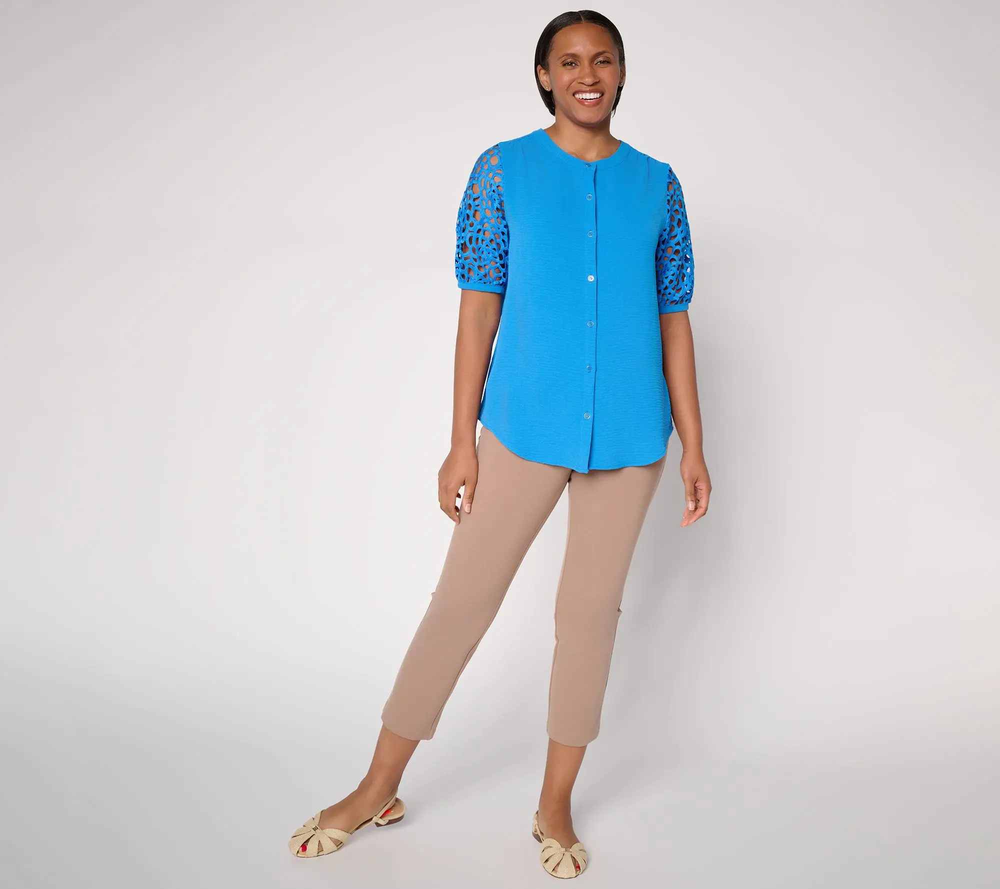 Susan Graver Crinkled Woven Button-Front Top w/ Lace Sleeves