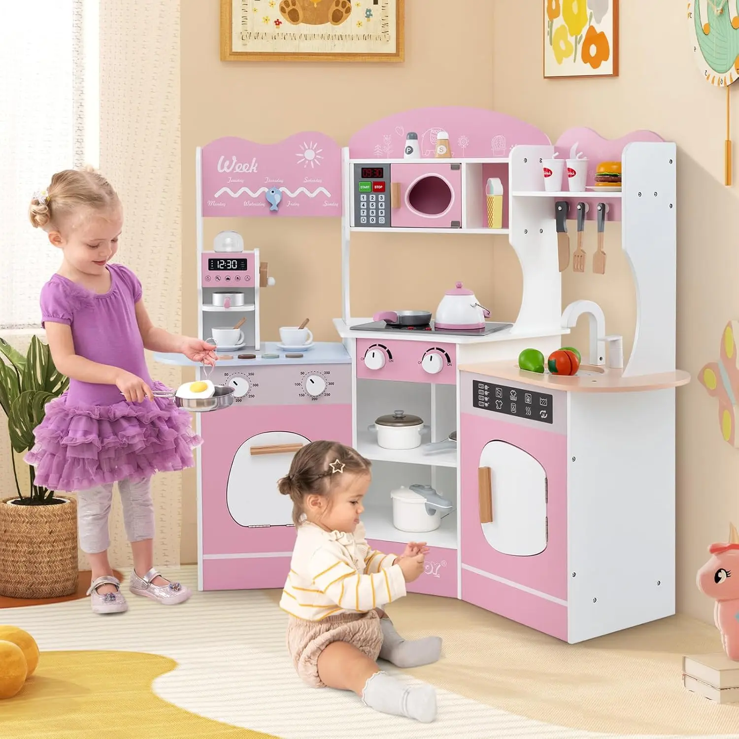 Costway Kids Kitchen Playset with Real Lights & Sounds, Microwave, Oven, Cooking Accessories, Storage, Little Chef Pretend Play Toy Kitchen Set, Gift for Boys Girls,Christmas Festival Gift Black Friday Cyber Monday