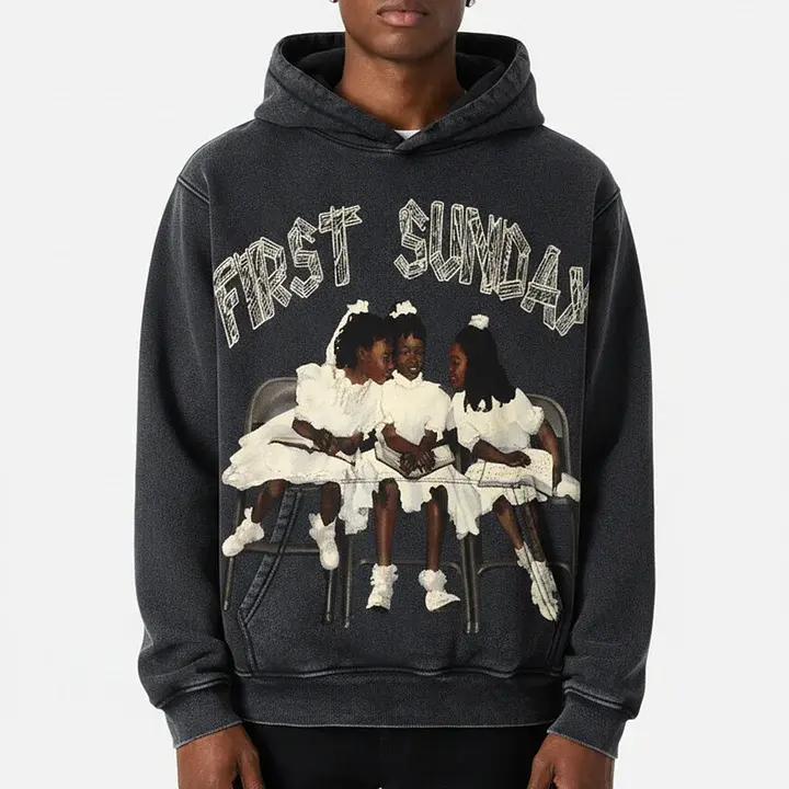 Sopula Studio Men's Vintage First Sunday Faith Graphic Acid Washed Oversized Drop-Shoulder Soft Cotton Hoodie - Long Sleeve Pullover, Streetwear Clothing, Casual Dark Humor Spring Statement Tops, Graphic Sweatshirts, Menswear, Quality Hoodie, Graphic Hood