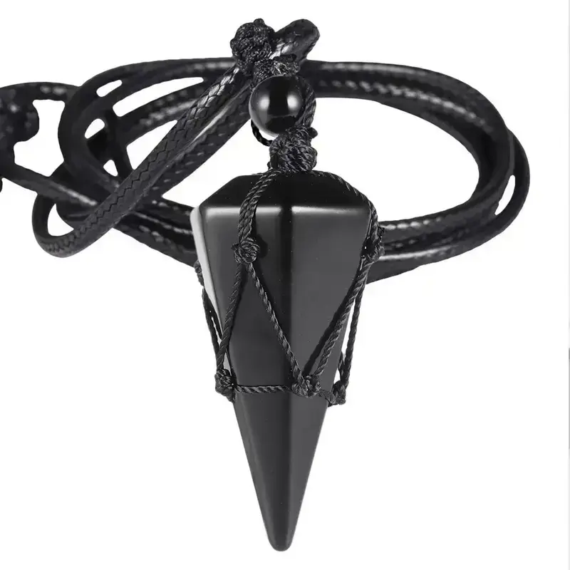 Natural Black Obsidian Hexagonal Dangle Point Pendant Necklace - Adjustable Cord Talisman, Crystal Energy Necklace with Reiki Properties, Obsidian Stone Energy Healing Chakra Alignment Jewelry, Unisex Geometric Protection Gift for Adults, Necklaces For Wo