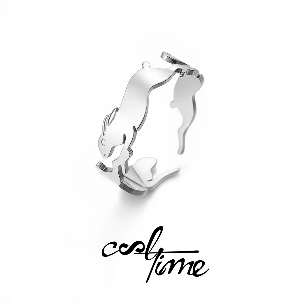 CoolTime Running Rabbit Open Ring Hollow Out Bunny Waterproof Stainless Steel Animal Talisman Jewelry Gift for Family