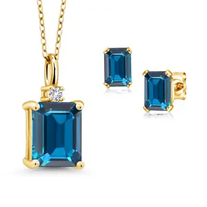 18K Yellow Gold Plated Silver London Blue Topaz and White Created Sapphire Pendant and Earrings Jewelry Set For Women (5.36 Cttw, November Birthstone, Emerald Cut 10X8MM and 6X4MM, with 18 Inch Chain)