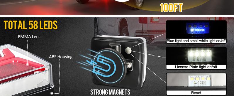 Partsam LED Wireless Trailer Lights Kit 58LED with Magnetic Towing Tail Lights, License Plate Light, Dual USB Cable, Charges for Trailers IP67 10-30V