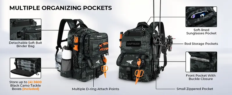 Rod pockets, sunglasses pocket, bait binder and D-ring attachment points; original image shows an alternative tackle-box configuration