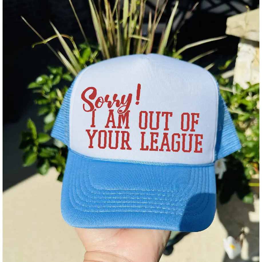 Out of Your League DTF Printed Columbia Blue & White Trucker Hat