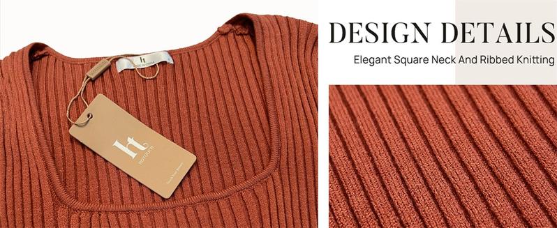 Women's Super Soft Stretchy Ribbed Knit Sweater Square Neck Long Sleeve Slim Fitted Tunic Top for Fall Winter Essential Casual Outfit