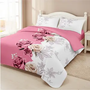 Pink Rose 3 Piece Soft All-Season Washed Microfiber And Viscose Bedspread Set In A Bag, King/Calking Bedding Set With Bedspread & Pillowcases, Print, Flowerd, Moisture-Wicking, Silky Soft Texture, Cooling, Breathable, Easy Care