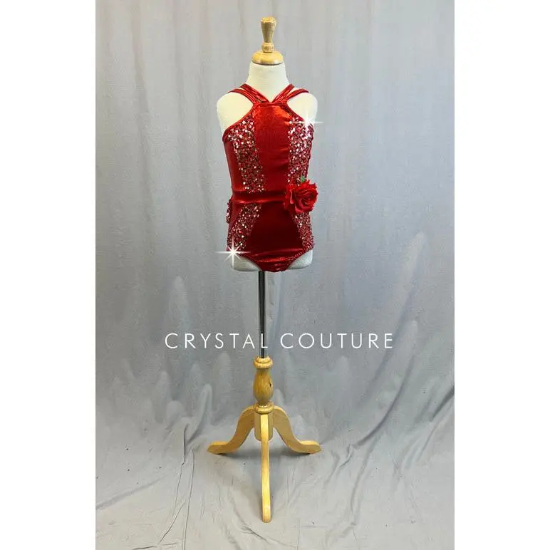 Red Metallic Leotard with Sequin Bustle Skirt