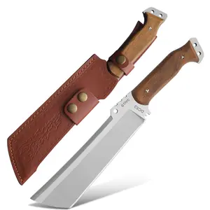 A heavy-duty kitchen knife with a wooden handle and thickened blade, featuring a leather sheath—an ideal tool for demanding kitchen tasks and an excellent choice for home kitchens and holiday gifts.