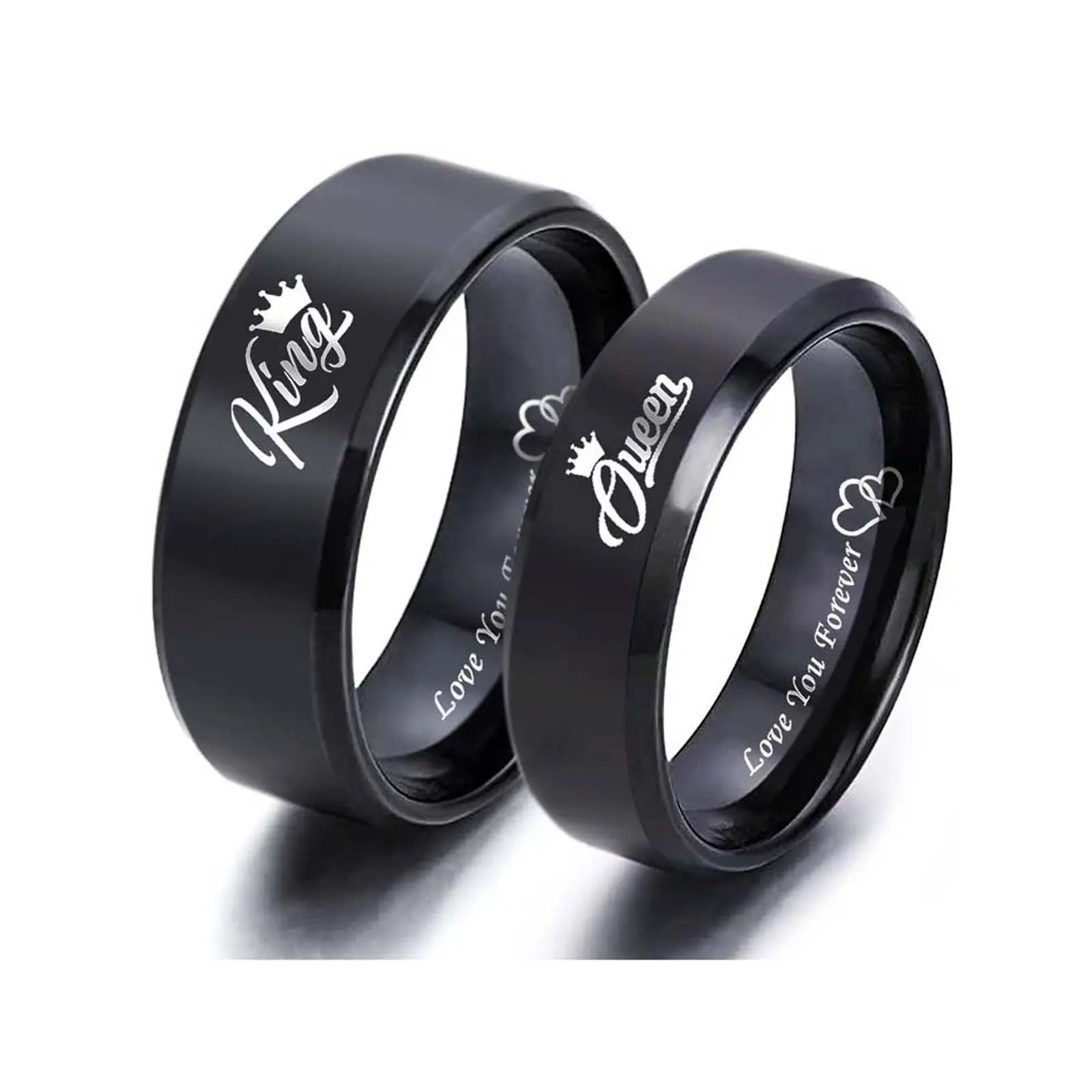 Titanium Steel Engraved King-Queen Letters Heart-to-Heart Couple Ring, Personalized Unisex Jewelry, Titanium Wedding Band, Anniversary Gift for Him, Engraved Ring, Personalized Jewelry