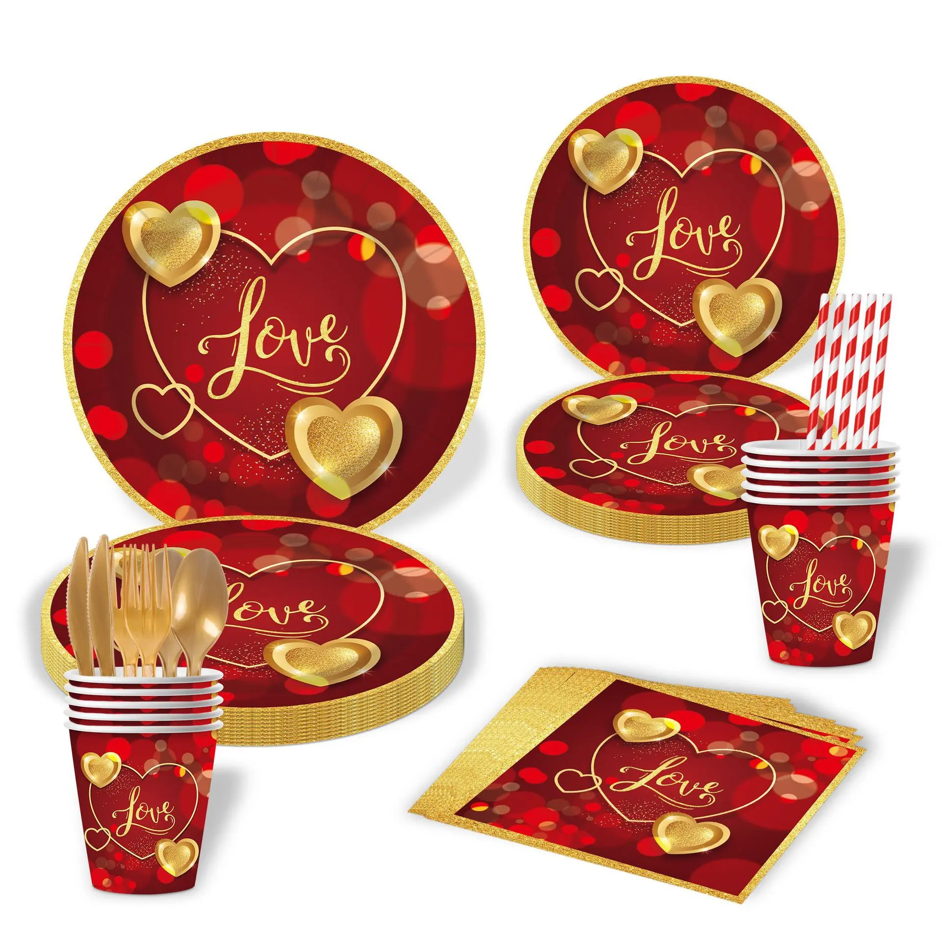 90pcs Heart-Shaped Paper Plates Cups Napkins Tableware Set, Wedding Banquet Party Atmosphere Decoration, Disposable Dining Supplies