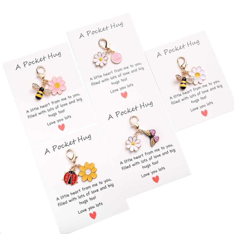 Set of 10  Pocket Hug Favors -Employee Appreciation Gifts Bulk for Coworkers with Exquisite keyring Pun NoteCards Quality Resin Butterfly Ladybird Flower Bee ，FavorsDurable Card