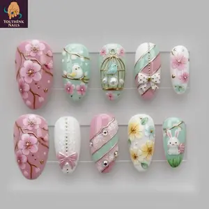 Spring Pastel Floral Press On Nails, handmade gel nail art with soft pink mint tones, flower details, cute elegant reusable nails for daily wear